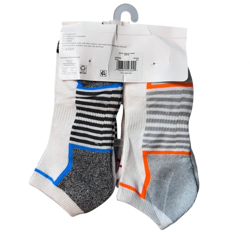 Wonder Nation Socks Boys Large White 6 Pair Ankle Wicking Striped Athletic 32446